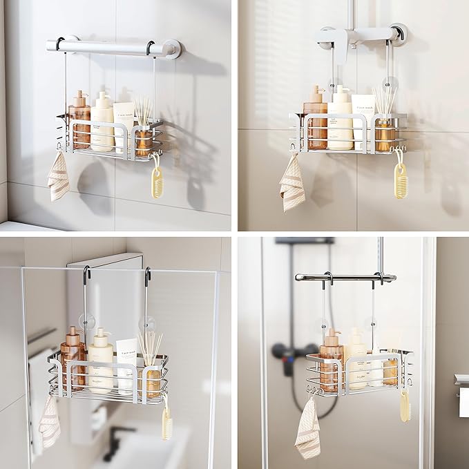 SWTYMIKI Shower Caddy Hanging Organizer - Over the Door Shower Caddy with 6 Hooks, 2 Installation Ways, Stainless Steel Rustproof Bathroom Organizer, Silver