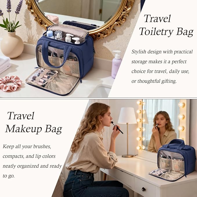 Travel Toiletry Bag, Lightweight Wide-open Large Puffy Toiletry Bag for Women, Quilted Makeup Bag Organizer Water-resistant Cosmetic Bag with Handle for Toiletries, Essentials, Accessories