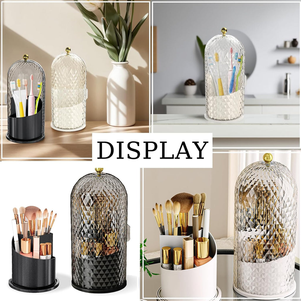 Multifunctional Rotating Toothbrush Holders with Sliding Lid, The 3-Slot Bathroom Countertop Vanity Organizer Perfect for Tooth Brush, Toothpaste, and Makeup Brushes Holder Storage (White)