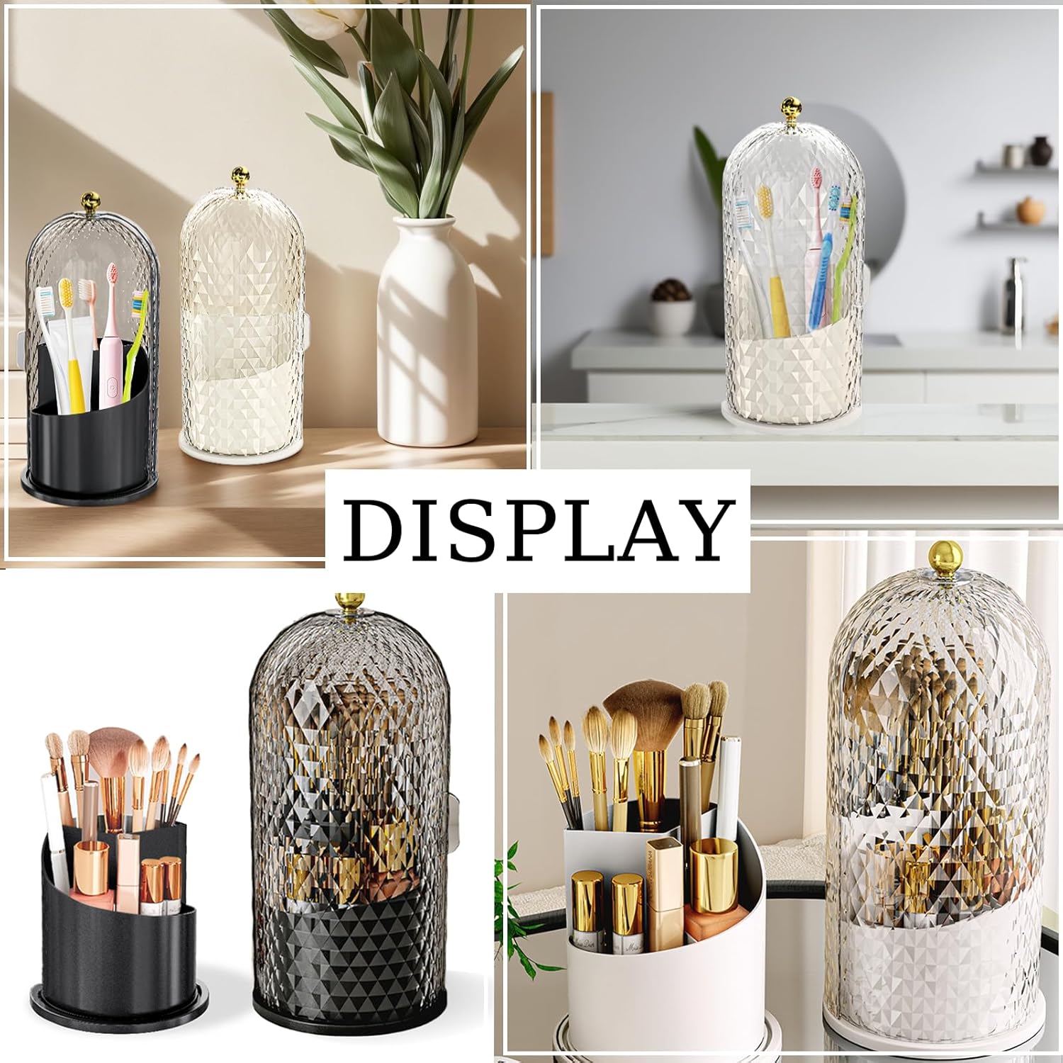 Multifunctional Rotating Toothbrush Holders with Sliding Lid, The 3-Slot Bathroom Countertop Vanity Organizer Perfect for Tooth Brush, Toothpaste, and Makeup Brushes Holder Storage (White)