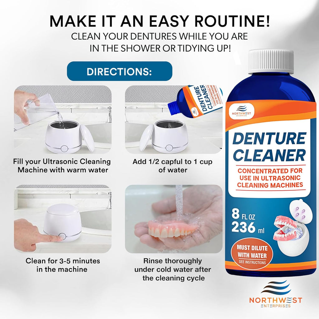 Ultrasonic Denture Cleaner - Denture Cleaner for All Types of Dentures - Denture Cleaning Solution Removes Stains, Plaque, Grime, and Build-up (16 Ounces)