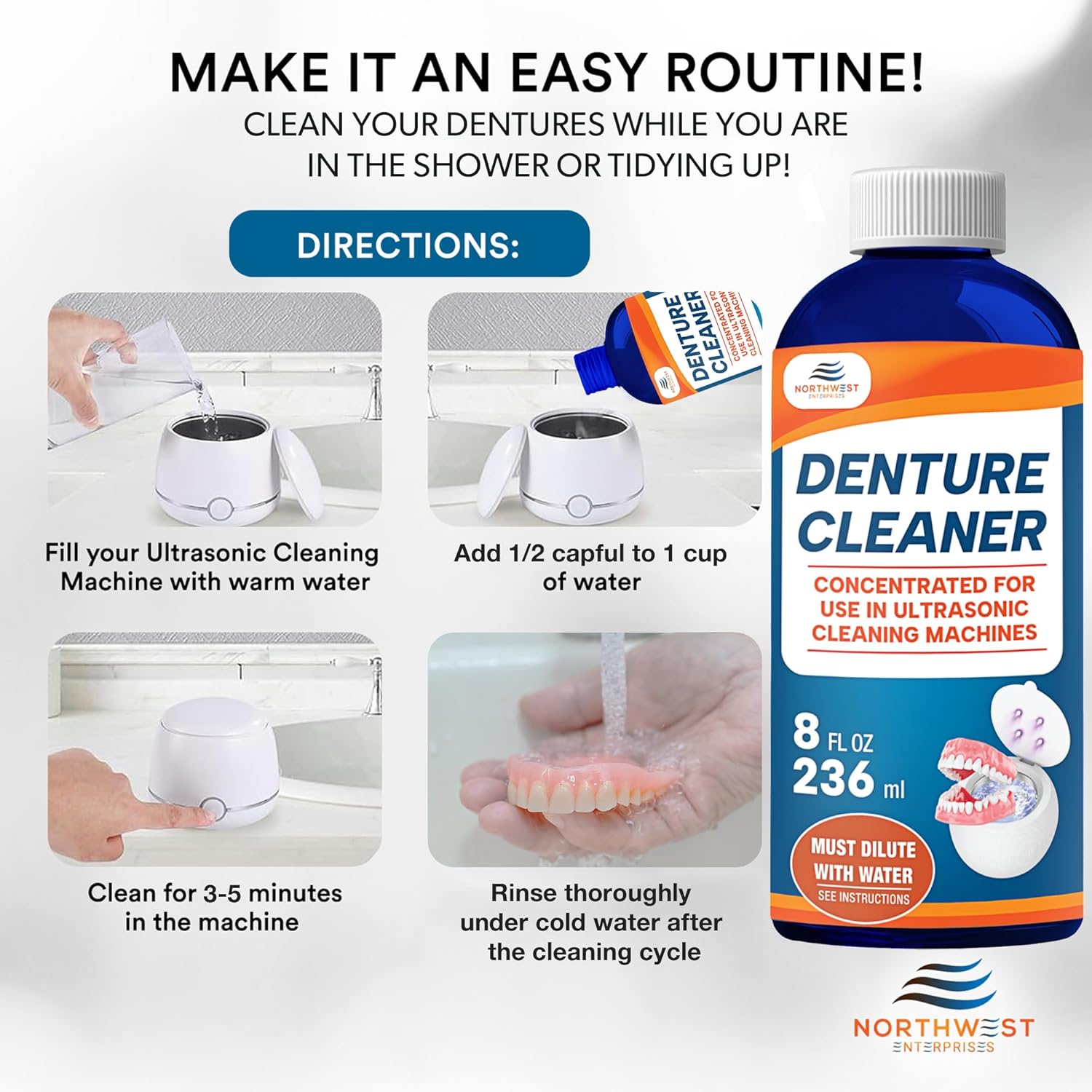 Ultrasonic Denture Cleaner - Denture Cleaner for All Types of Dentures - Denture Cleaning Solution Removes Stains, Plaque, Grime, and Build-up (16 Ounces)