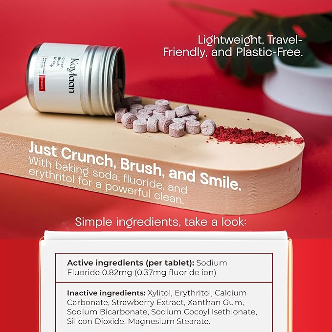 Kalyaan Kids Toothpaste Tablets with Fluoride | Whitening, Sensitivity Relief & Cavity Protection | Chewable, Plastic-Free, Travel-Friendly - Strawberry, 180 Count, Made in USA