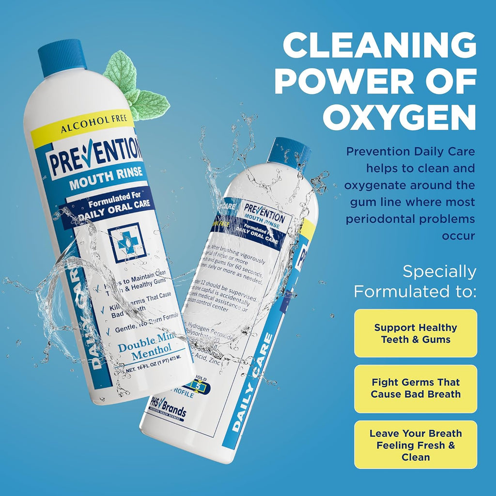 Prevention Daily Care Alcohol-Free Mouthwash, Hydrogen Peroxide Teeth Whitening with Soothing Double Mint for Bad Breath Treatment, Fluoride-Free Gum Care Oral Mouth Rinse 16 oz 1 Pack
