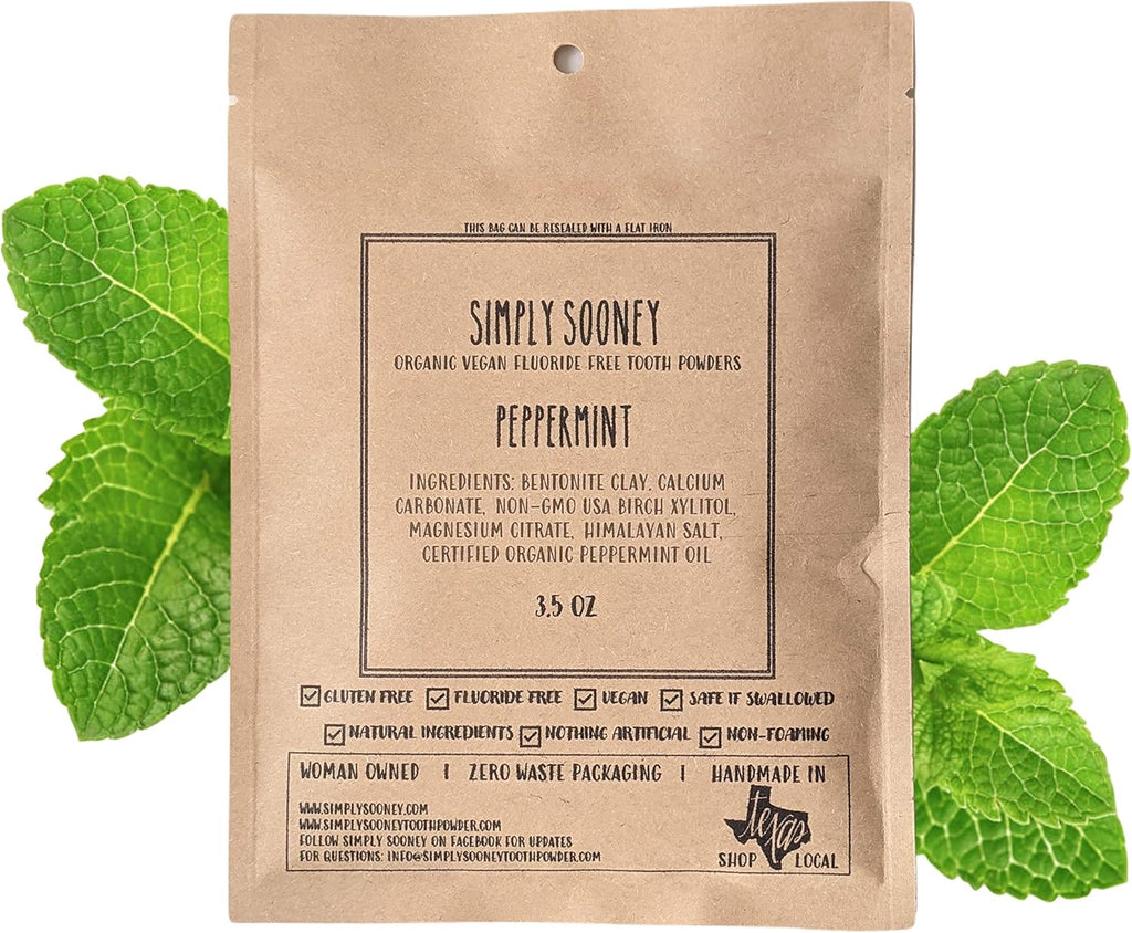 Simply Sooney Vegan Fluoride Free Toothpaste Powder I Organic Peppermint Essential Oil I Natural Whitening I Stronger Teeth (3.5 oz (Jar BPA Free Plastic))