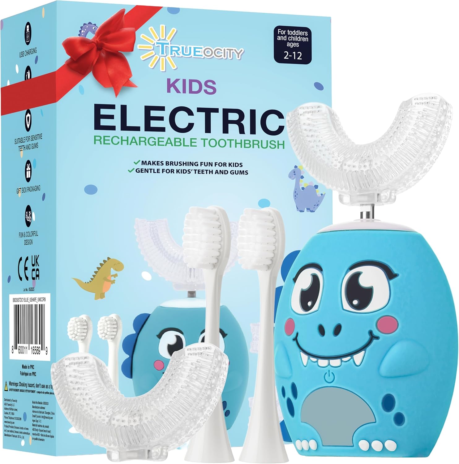 Trueocity Kids U Shape Toothbrush Auto Electric Toddler Rechargeable Kids Automatic Toothbrush | 360° U-Shaped Silicone Brush Head | Gentle Cleaning for Ages 2–7| Dinosaur Design (Blue)