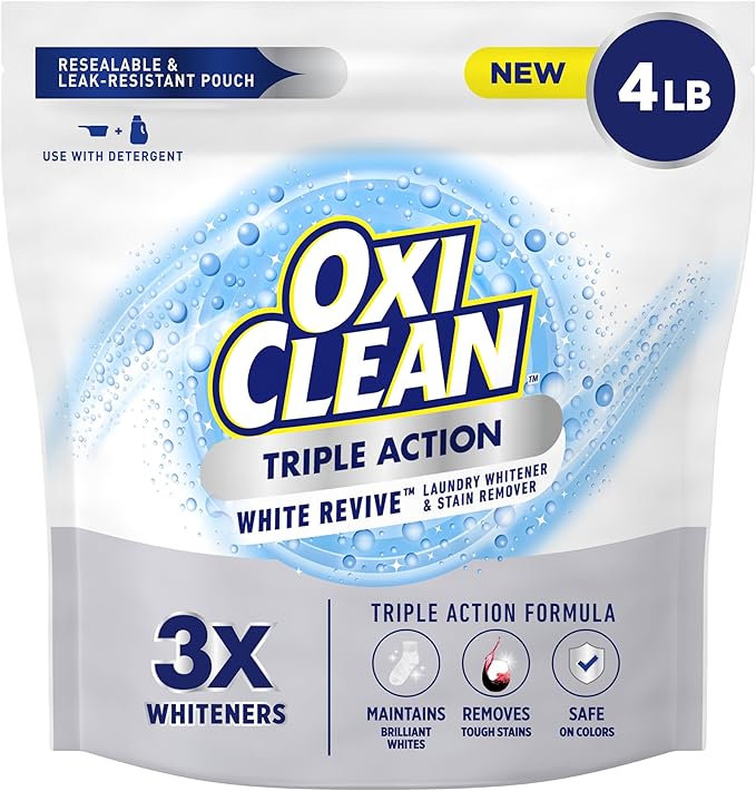 OxiClean Triple Action White Revive Laundry Whitener and Stain Remover Powder, Use with Detergent, Whitens and Brightens Clothes, Removes Tough Stains, Color Safe, Chlorine Free, 4 lbs