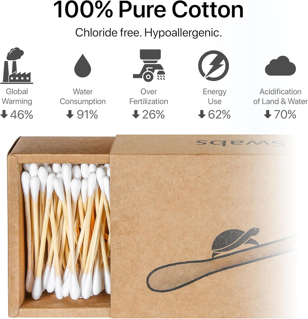 Sea Turtle Bundle Toothbrush and Swabs, Plant-Based Bristles Bamboo Toothbrushes (4 Pack) and Bamboo Cotton Swabs (500 Count)