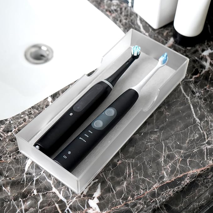 Electric Toothbrush Holder with Diatomite Drying Stone, Bathroom Drawer Organizer with Drainage Hole for Toothbrush Tray, Acrylic Drawer Organizer Bins for Toothbrush, Toothpaste (Frosted Large)