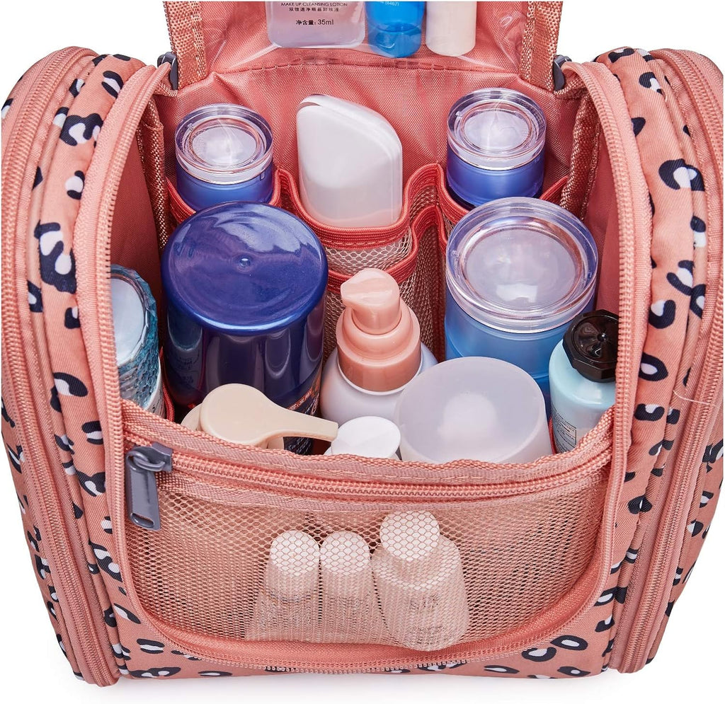 Narwey Cheetah Small Hanging Toiletry Bag Women Travel Makeup Bag Organizer Toiletries Bag for Travel Size Essentials Accessories Cosmetics (Medium, Orange Leopard)