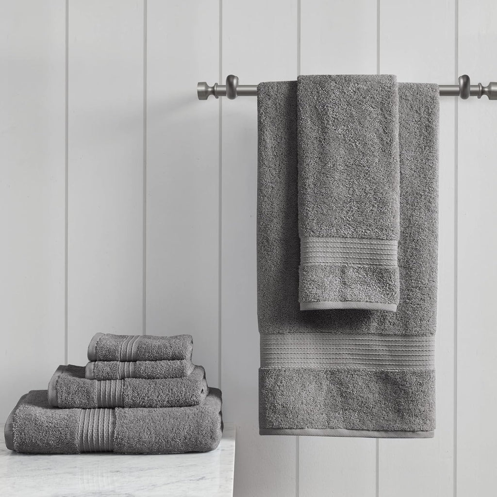 Madison Park Organic 100% Cotton Bathroom Towel Set, Hotel & Spa Quality Highly Absorbent, Quick Dry, Include for Shower, Handwash & Facial Washcloth, Multi-Sizes, Charcoal