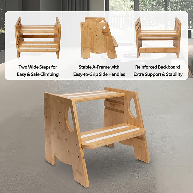 Wooden Toddler Step Stool for Bathroom Sink, Height-Adjustable, Luminous Anti-Slip Strips, Bamboo 2-Step Stool for Kids Adults, 300lbs, for Toilet Potty Training, Kitchen Counter, Bed