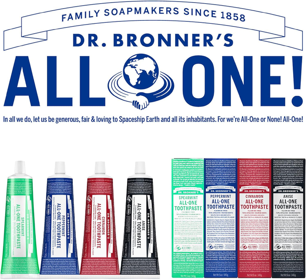 Dr. Bronner’s - All-One Toothpaste Variety Pack - Peppermint & Spearmint, 70% Organic Ingredients, Fluoride-Free, Helps Freshen Breath, Vegan (5oz, 2-Pack)