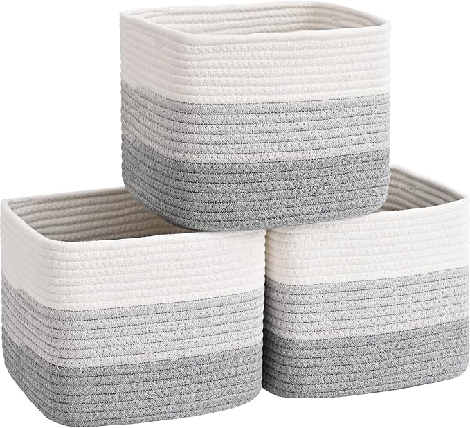 3 Pack Cube Storage Bin, 9”x9”x7” Cotton Rope Woven Baskets for Organizing Toys Clothes Towels, Square Gift Storage Baskets for Shelf, Nursery, Closet, Bathroom, Pantry (3-Tone Gray)