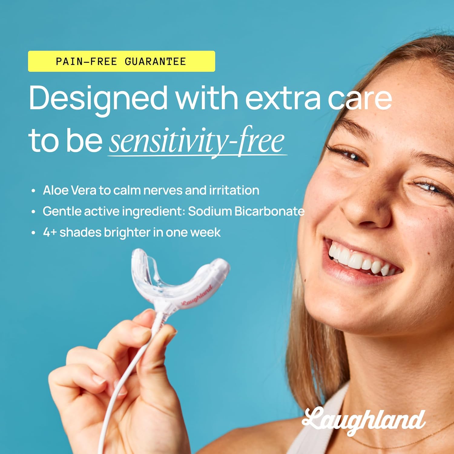 Laughland Gentle Teeth Whitening Kit, Phone-Powered LED Mouthpiece & 3 Whitening Gel Syringes, Sodium Bicarbonate, Aloe Vera & Mint, for Sensitive Teeth, at-Home Dental Care, 6+ Treatments