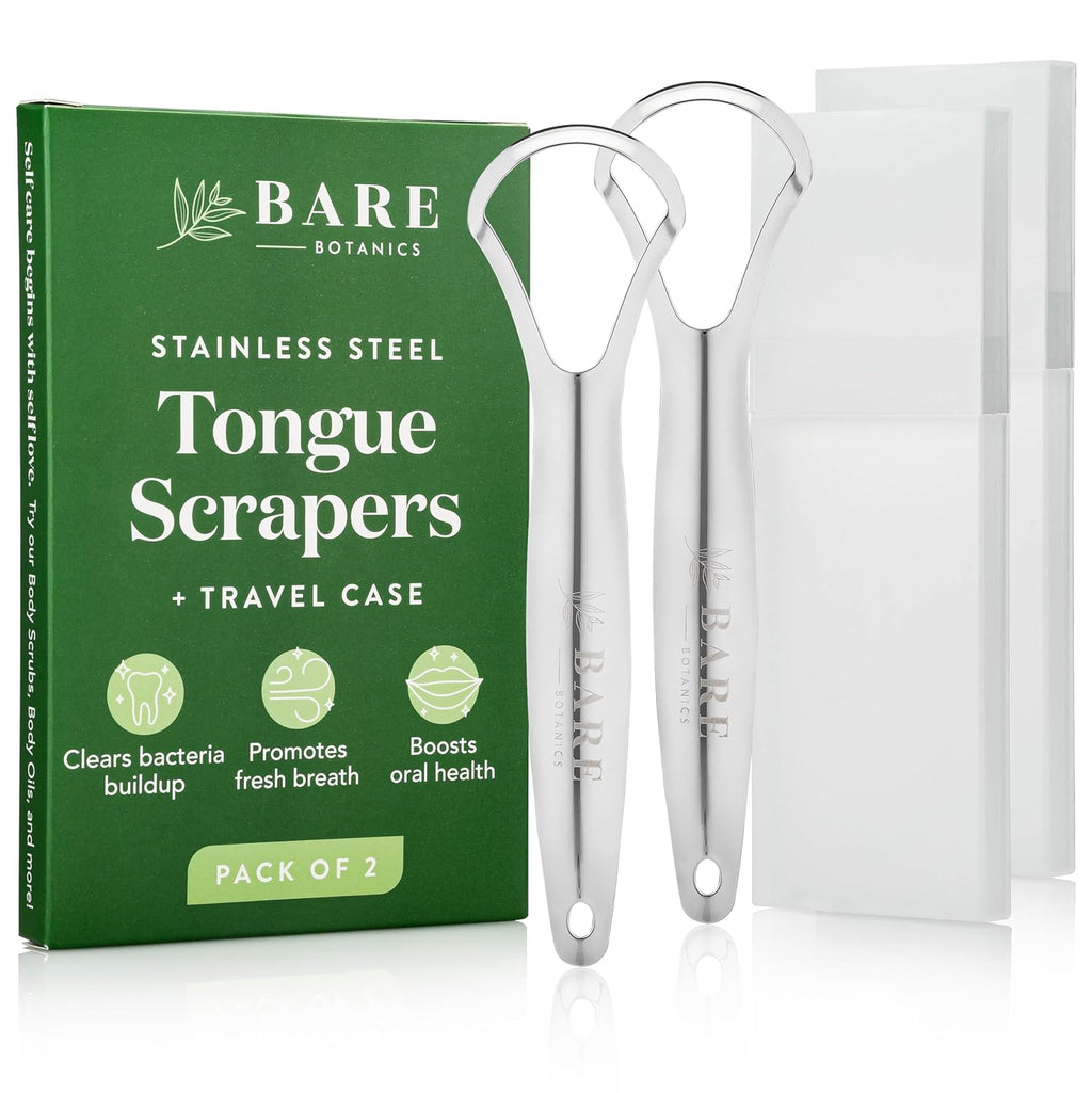 Bare Botanics Tongue Scraper 2 pcs | Durable Stainless-Steel and Reusable Tongue Cleaner w/Case | Compact Oral Hygiene Tool