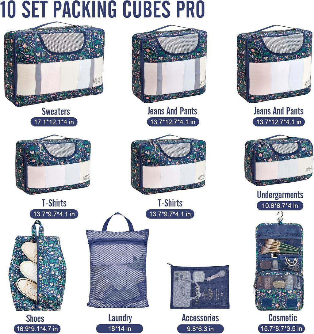 Veken 10 Set Packing Cubes for Travel Essential, Suitcase Organizer Bags in 4 Sizes, Carry-On Luggage Accessories with Large Laundry & Hanging Toiletry Bag, Must-Have for Airplane, Road Trip & Camping