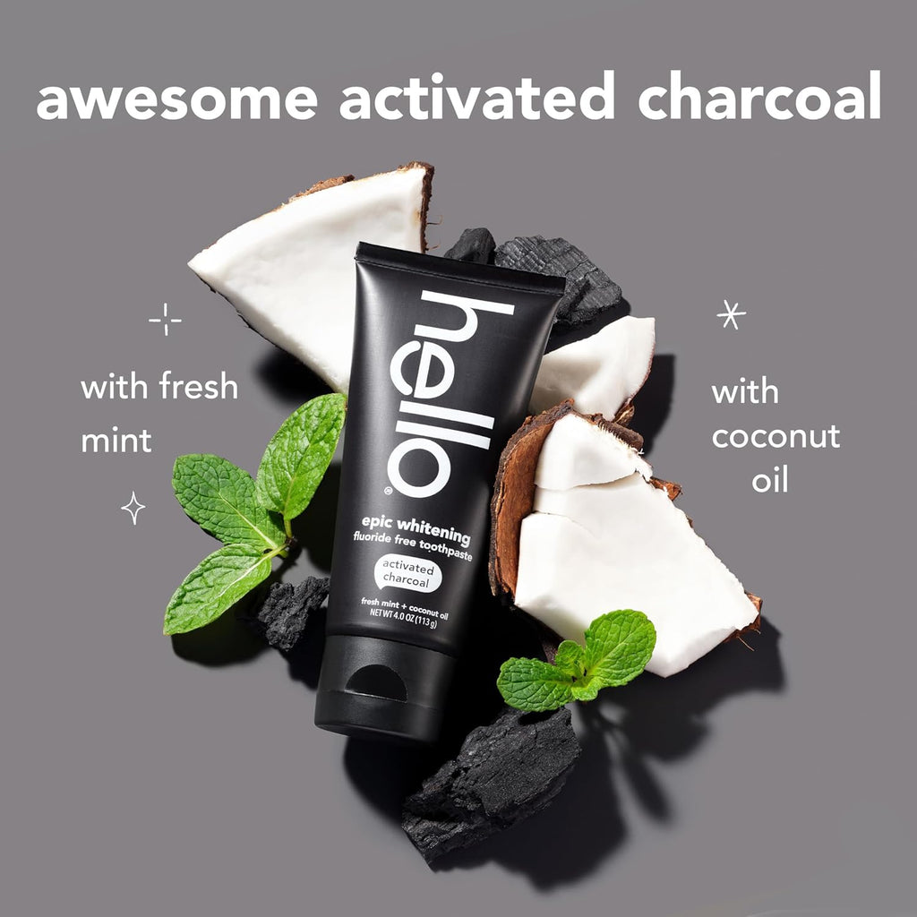 Hello Activated Charcoal Toothpaste, Fluoride Free with Activated Charcoal, Teeth Whitening Toothpaste with Fresh Mint and Coconut Oil, No SLS, Vegan, Gluten Free, 3 Pack, 4 OZ Tubes