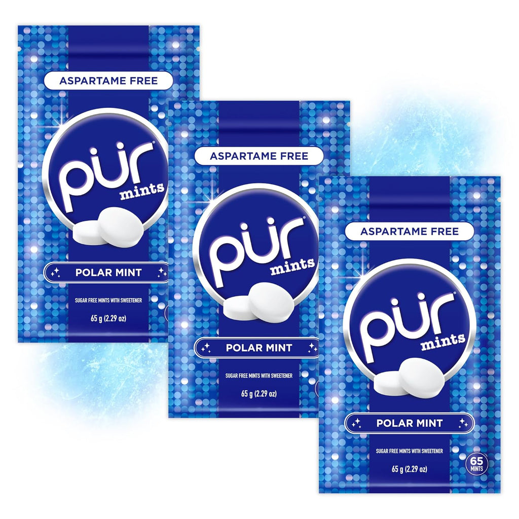 PUR Mints | Aspartame Free Breath Mints | Made with Xylitol | Sugar Free, Vegan, Gluten Free | Natural Polar Mint Flavor | 65 Pieces in Re-Sealable pouch (Pack of 3)