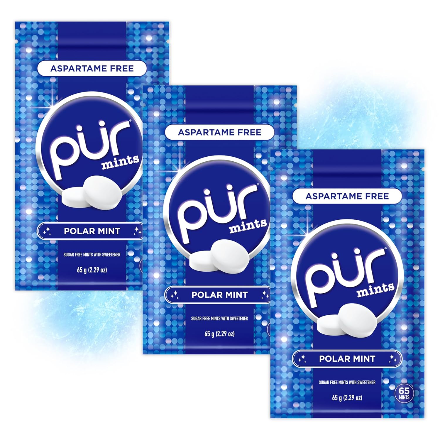 PUR Mints | Aspartame Free Breath Mints | Made with Xylitol | Sugar Free, Vegan, Gluten Free | Natural Polar Mint Flavor | 65 Pieces in Re-Sealable pouch (Pack of 3)