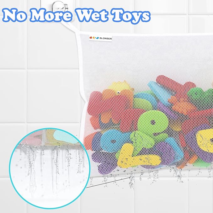 2 x Large Bath Toy Holder, Kids Bath Tub Toy Basket, Corner Mesh Bag, Baby Bathtub Storage Organizer, Bathroom Net Bucket, Toddler Shower Caddy Hanging Bin with 6 Suction Cups, 4 Adhesive Wall Hooks