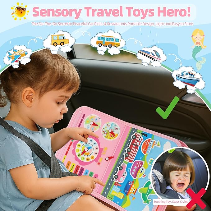 Toddler Busy Board Montessori Toys for 3 Year Old Birthday Gifts for Kids 10 Pages in 1 Soft Felt Activity Book Develop Fine Skills Educational Learning Sensory Travel Toys for Airplane Car