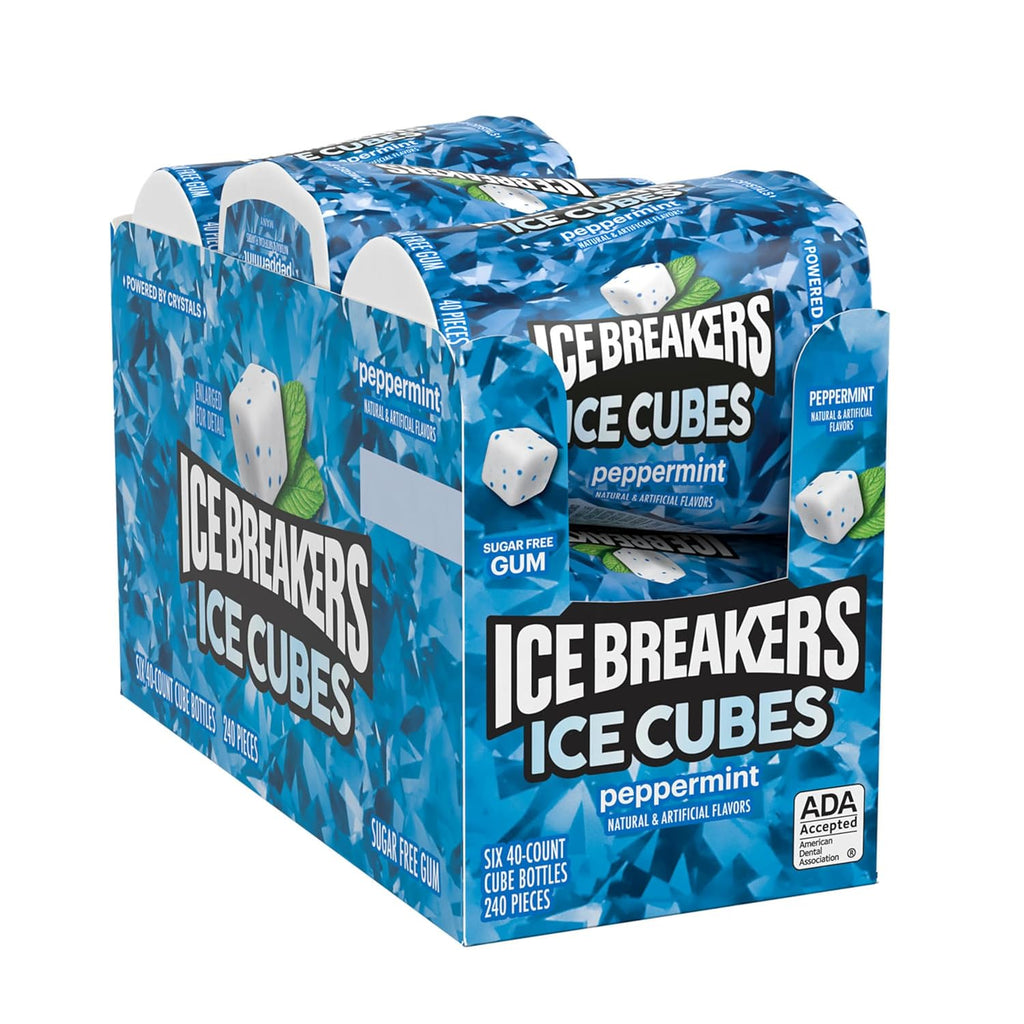 ICE BREAKERS Ice Cubes Peppermint Flavored Sugar Free Chewing Gum Bottles, 3.24 oz (6 Count, 40 Pieces)