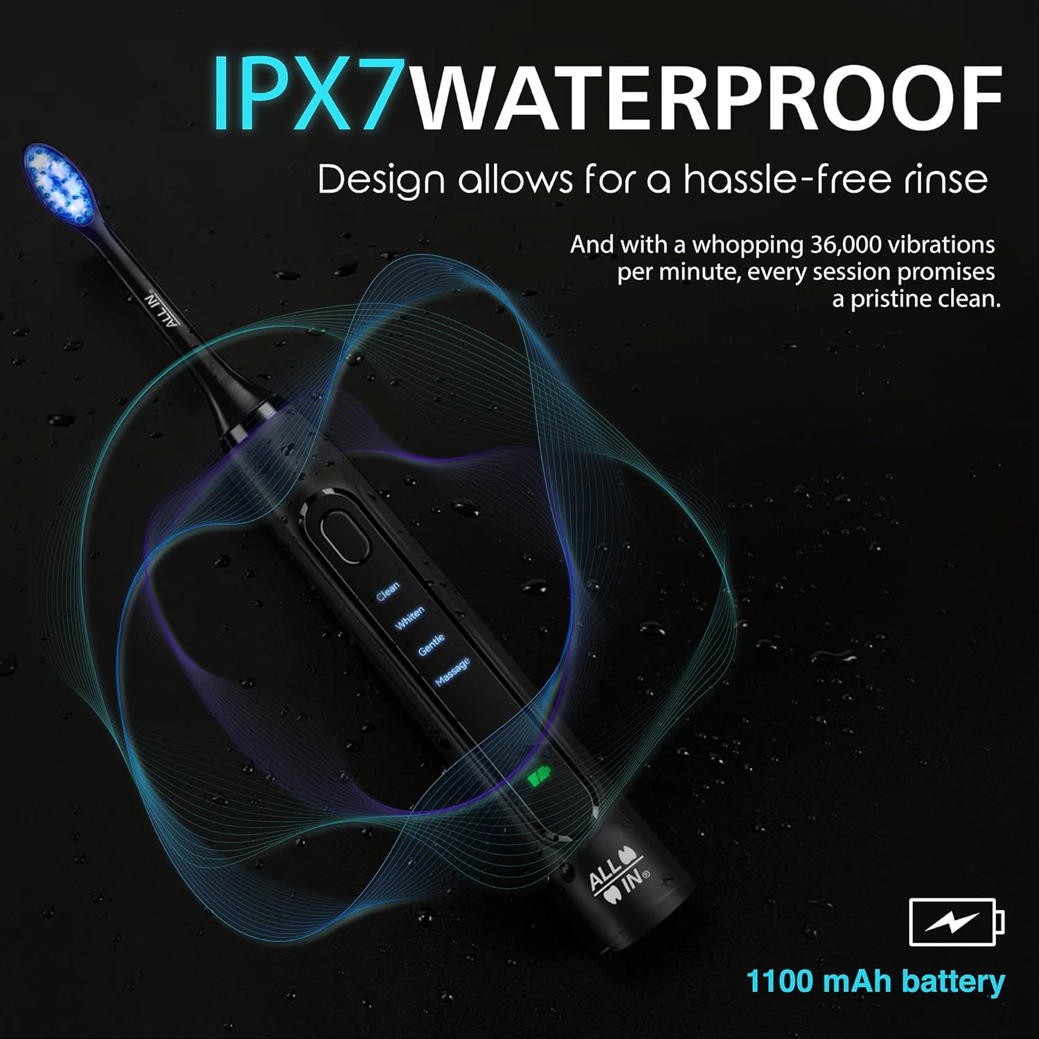 ALL IN Sonic Rechargeable LED Whitening Toothbrush - BLUE & RED LED Light Technology - 4 Advanced Deep Cleaning Modes with a Timer - Adult Toothbrush - BPA FREE and PHTHALATES FREE