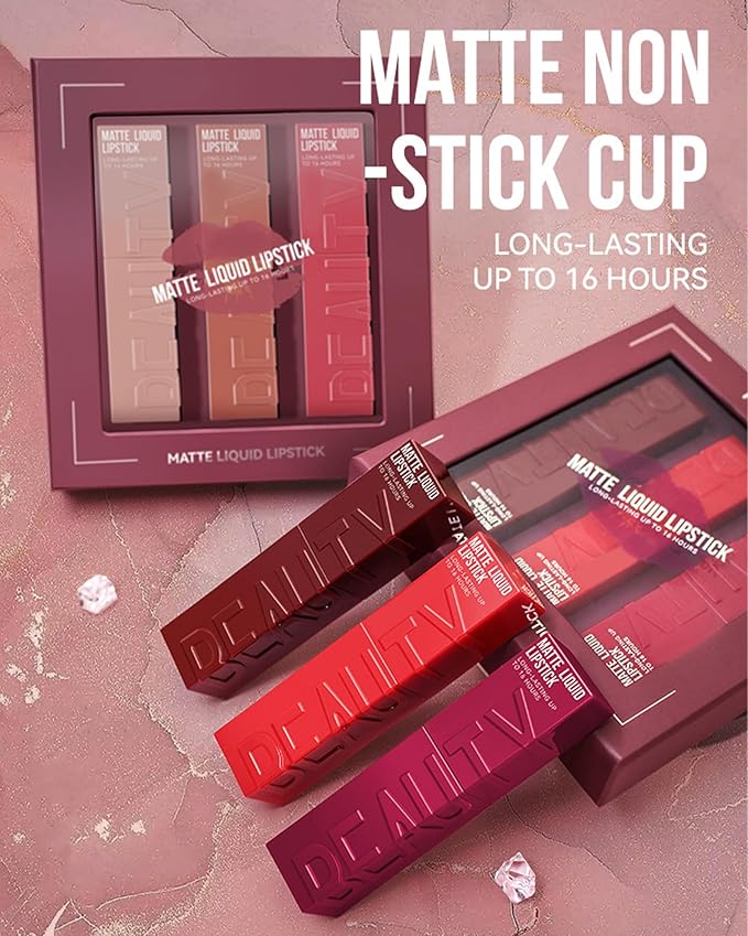 Matte Liquid Lipstick Kit-3Pcs High Pigmented Lip Tint Stain,Super Velvet Tinted Lip Gloss,Up to 16H Wear Lipgloss,Long Lasting Waterproof Non-Stick Lipstain,Christmas Makeup Gift for Women-Set A