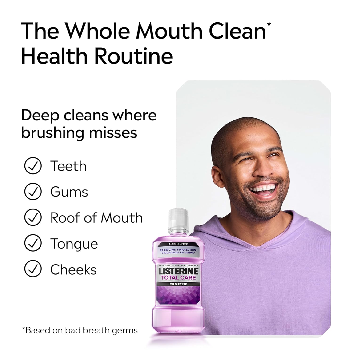 Listerine Total Care Alcohol Free Anticavity Fluoride Mouthwash, 6 Benefit Oral Rinse to Help Kill 99.9% of Germs That Cause Bad Breath, Strengthen Teeth, Restore Enamel, Fresh Mint Flavor, 500 mL