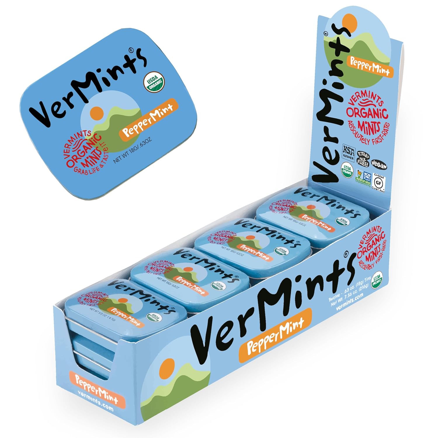 VerMints Organic Breath Mints PepperMint Candy Mints for Real Long-Lasting Flavor, Travel Size Tin - Non-GMO, Nut Free, Gluten Free, Vegan, Kosher Peppermints - .63oz/18g Tins (Pack of 12)