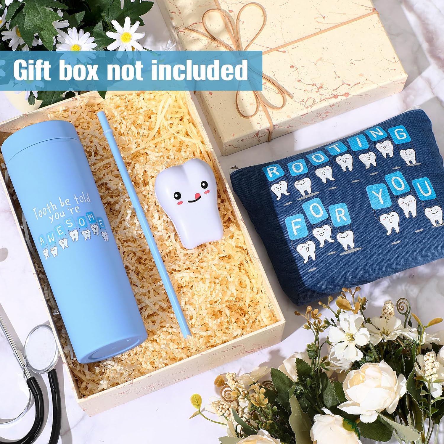 Skylety 3 Pcs Dental Hygiene Month Gifts Dental Assistant Hygienist Appreciation Gift 16oz Tumbler with Lid Cute Teeth Makeup Bag Stress Toy Employee Thank You Dentist Coworker Nurse Student(Blue)