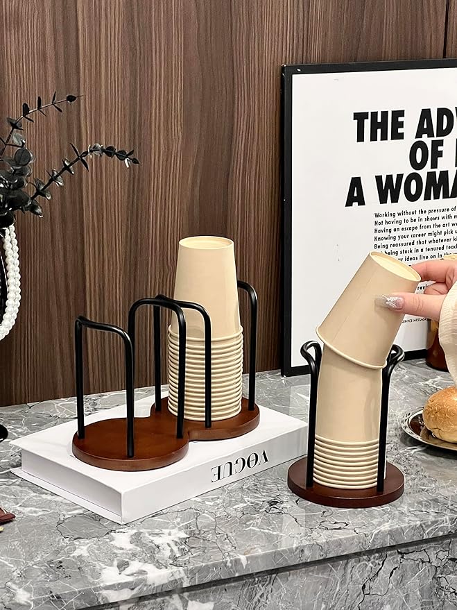 Wood Bathroom Cup Holder, Stylish Walnut Disposable Cup Dispenser, Plastic Mouthwash Cup Storage Organizer for Cups (Under 3.35in Diameter) -Perfect for Office, Kitchen, Gym, School or Cafes