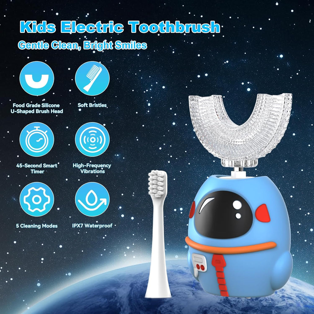 FTOYIN Kids Electric Toothbrush, U Shaped Toothbrush with 4 Brush Heads, Ultrasonic 360° Cleaning, 5 Modes, Smart 45s Timer, IPX7 Waterproof (Ages 2–12)