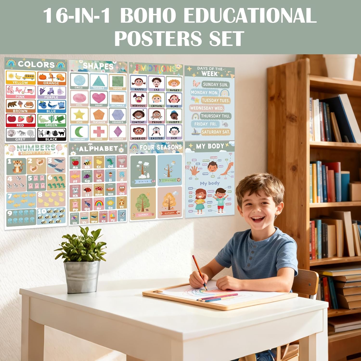 16 Educational Posters for Preschoolers, Laminated PreK Learning Poster Charts for Toddlers 1-3, Learning Wall Charts for Kids’ Bedroom, Playroom, Preschool, Kindergarten and Homeschool (Morandi B)