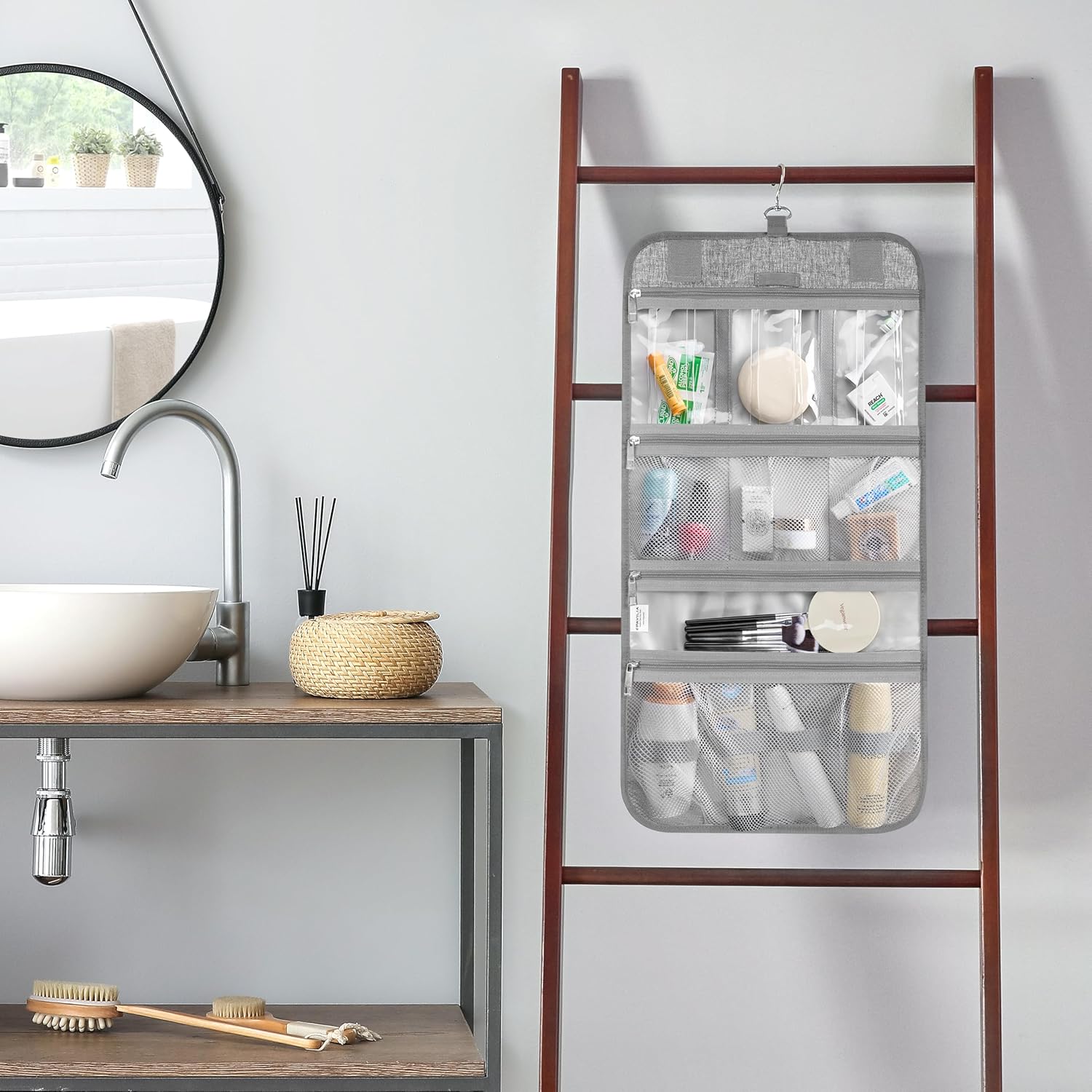 PAVILIA Hanging Toiletry Bag Women Men, Travel Kit Foldable Large Toiletries Organizer, Roll up Cosmetics Makeup Bag Accessories, Waterproof Essentials Jewelry Case (Heather Grey)