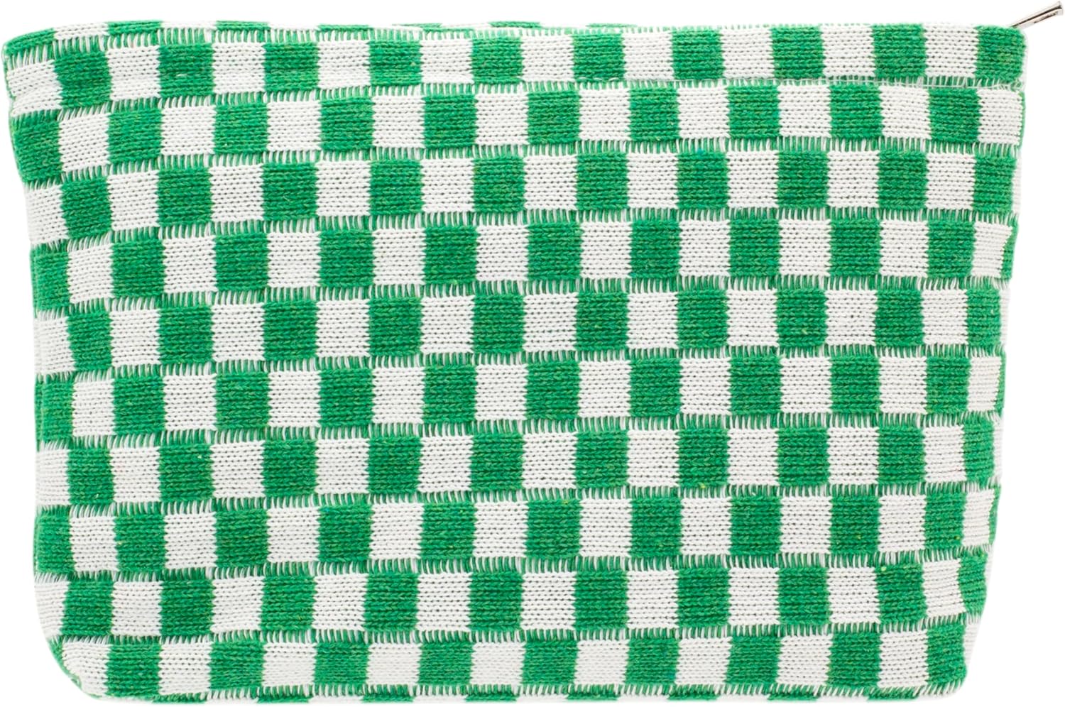 PAZIMIIK Knitted Checkered Makeup Bag Large Zipper Make Up Accessory Pouch for Purse Cosmetic Brush Bag for Travel Essential,Green