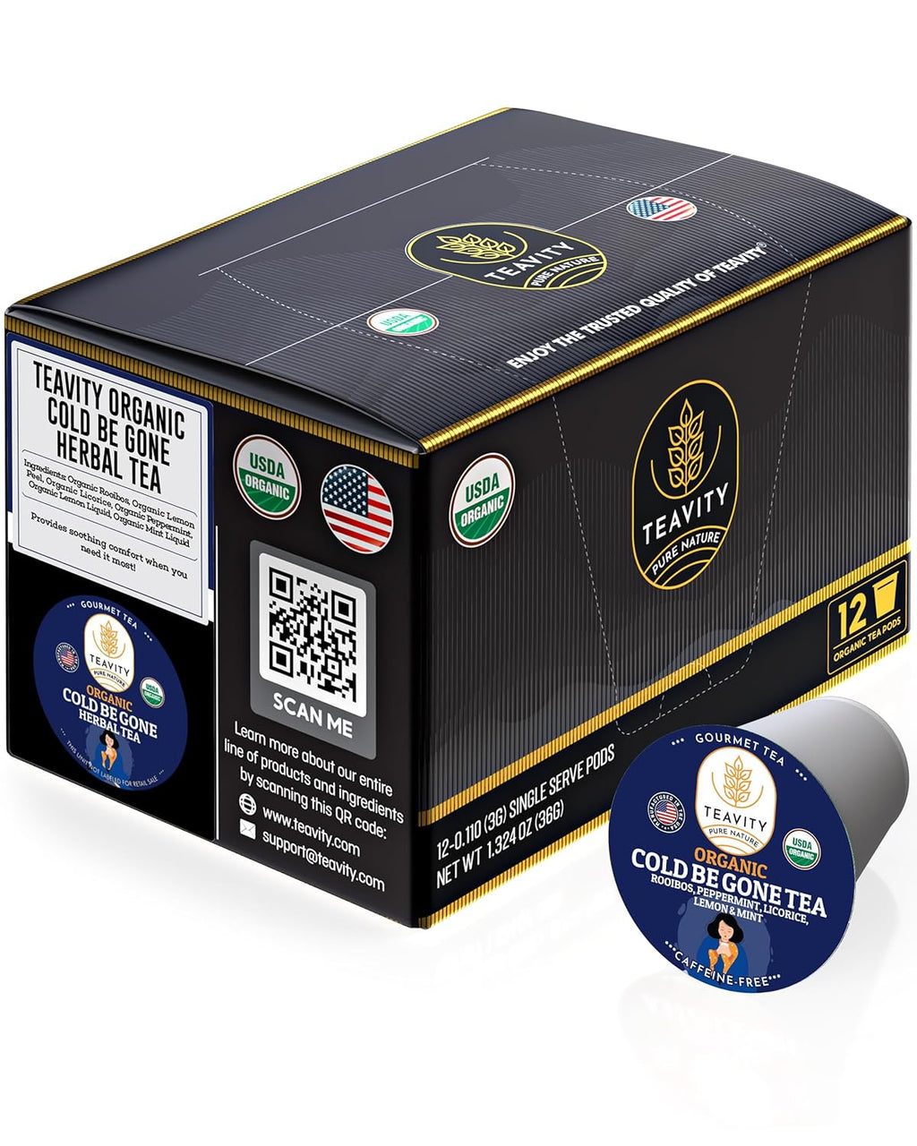Organic Rooibos Tea Pods for Keurig with Lemon, Mint, Licorice - Unsweetened Decaf Tea for K Cup Brewing - Cold Be Gone by Teavity (12 Tea Pods)