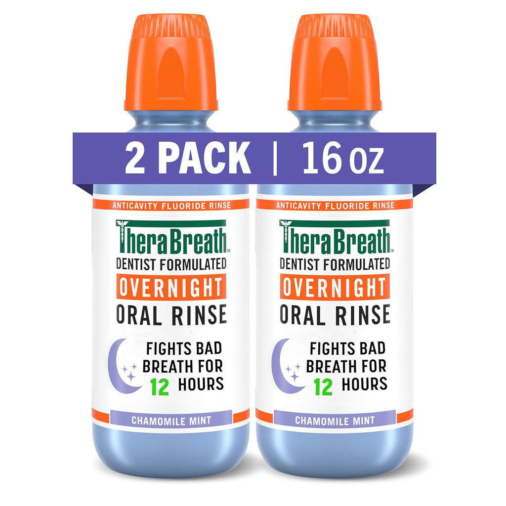 TheraBreath Overnight Mouthwash, Fights Bad Breath for 12 Hours, Chamomile Mint Flavor, Dentist Formulated, Fluoride Rinse, Alcohol Free, 16 fl oz (Pack of 2)