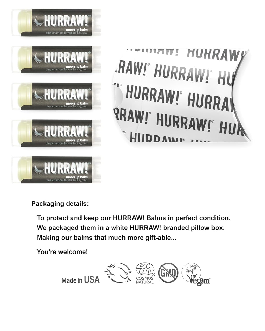 Hurraw! Moon Night Treatment (Blue Chamomile, Vanilla) Lip Balm, 5 Pack: Organic, Certified Vegan, Cruelty and Gluten Free. Non-GMO, 100% Natural Ingredients. Bee, Shea, Soy and Palm Free. Made in USA
