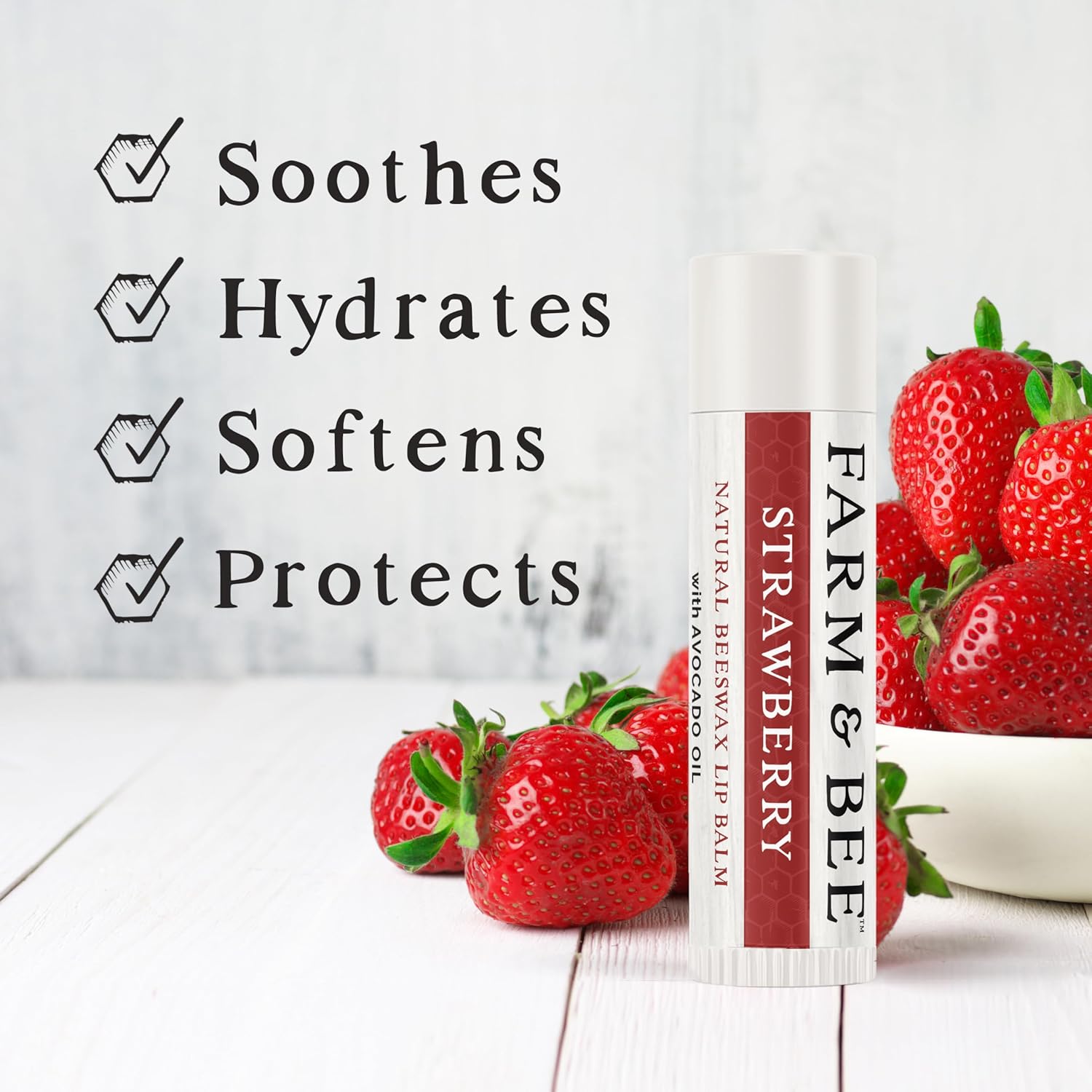 Natural Lip Balm - Organic & Natural Ingredients - Beeswax Based Moisturizing Lip Care Chapstick for Chapped Lips - Great Gift Idea - Farm & Bee - 0.15oz (Pack of 4 - Strawberry)