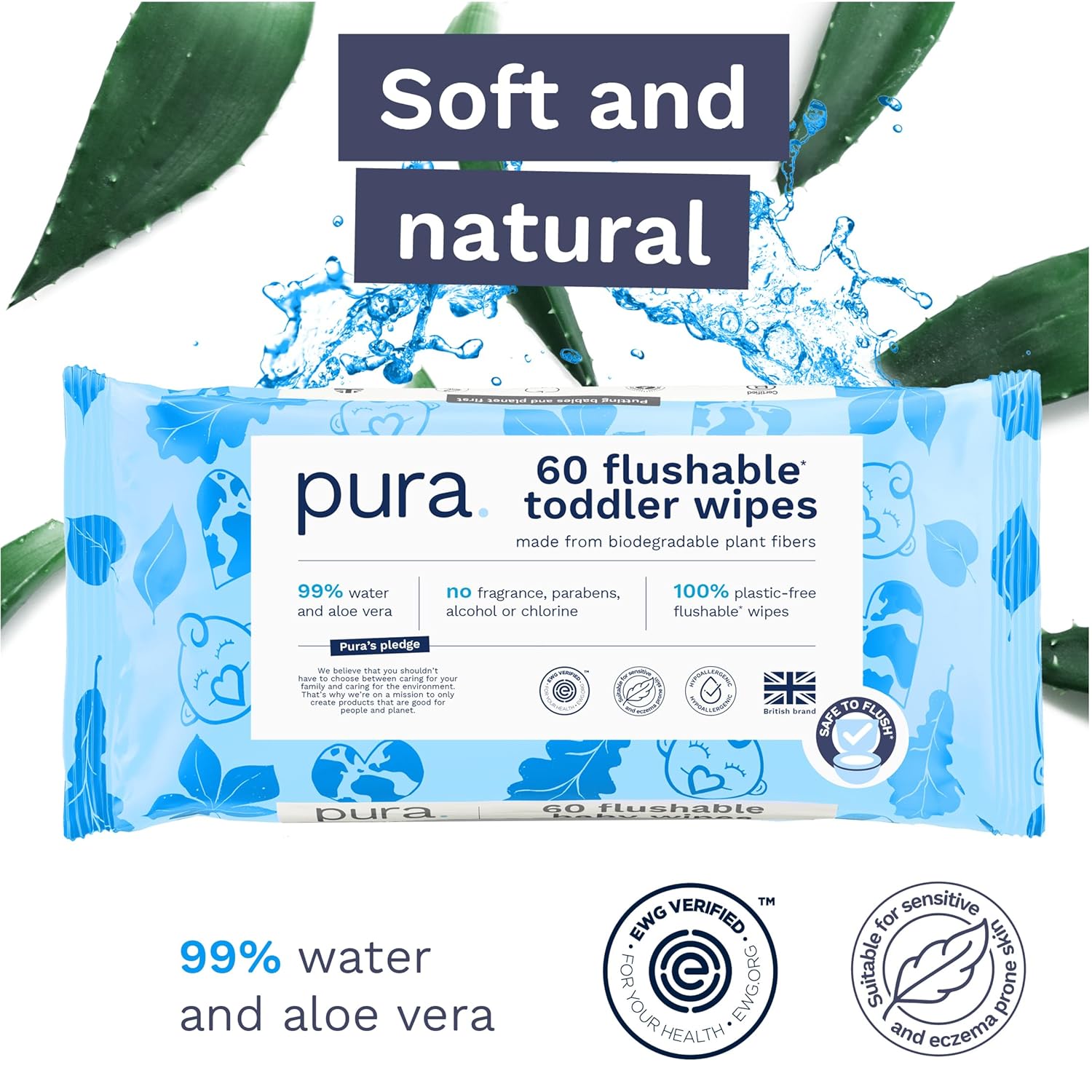 Pura Flushable Toddler Wipes 10 x 60 Wipes (600 Wipes), 100% Plastic Free, 99% Water, Hypoallergenic & Fragrance Free, Totally Chlorine Free, Kids Toilet Wipes, Sensitive Skin