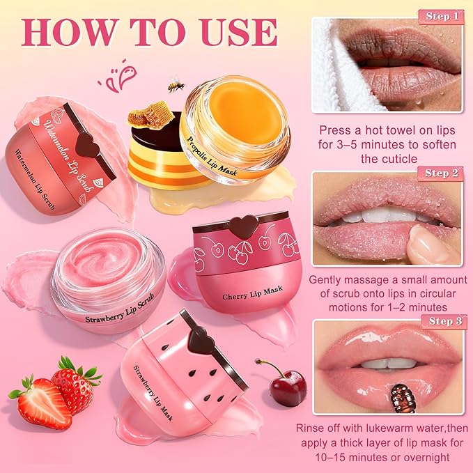 5PCS Lip Scrub and Mask Set,Cherry Strawberry and Honey Pot Lip Balm,2PCS Lip Exfoliator Scrub and Moisturizer,Clean and Repair,Reduce Fine Lines,Natural Ingredients,Cruelty Free