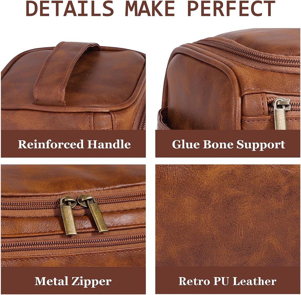 Toiletry Bag for Men, Hanging Travel Shaving Dopp Kit for Men and Women, Water-resistant Toiletries Organizer Bags, PU Leather Cosmetic Bags for Makeup Accessories (Light Brown)