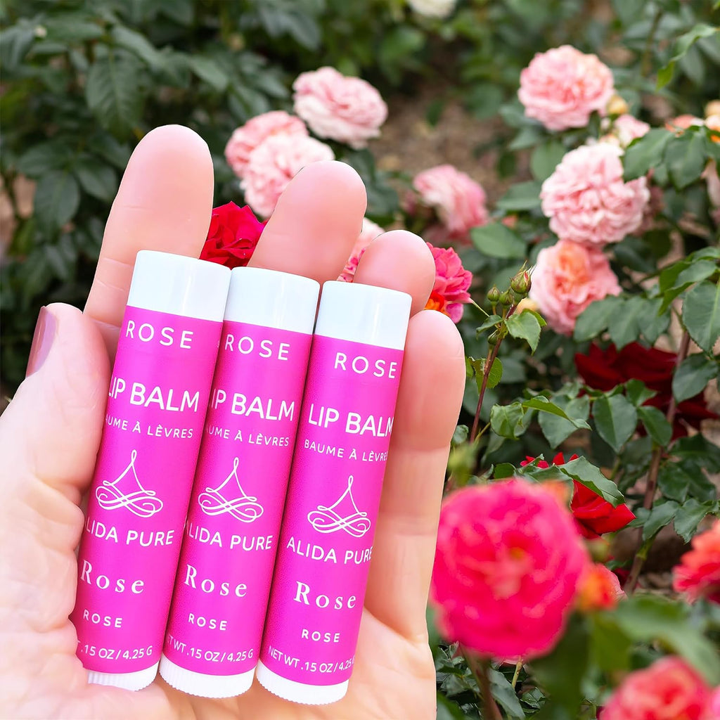 Rose Lip Balm Collection, Vegan Set, Beeswax Free, with Organic Jojoba and Avocado Oil, Vitamin E, Natural Moisturizer for Dry, Chapped Lips, 3 Tube Set
