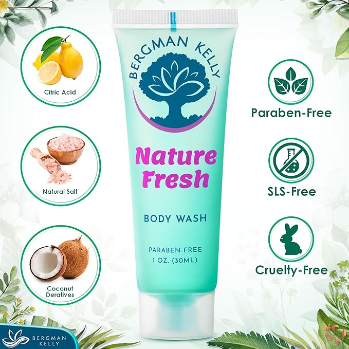 BERGMAN KELLY Travel Size Body Wash (1 fl oz, 100 PK, Nature Fresh), Delight Your Guests with a Refreshing & Soothing Hotel Body Wash, Quality Mini and Small Size Guest Hotel Toiletries in Bulk