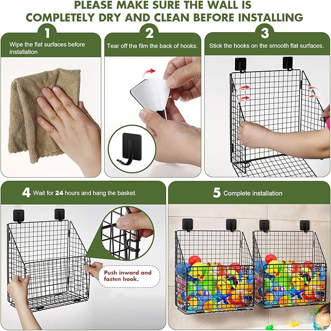 2 Pack Large Bath Toy Storage, Metal Bathtub Shower Toy Holder, Foldable bath Tub Toy Organizers Black, Bathroom Toy Storage with Drainage for Sorting Toys/Clothes/Toiletries