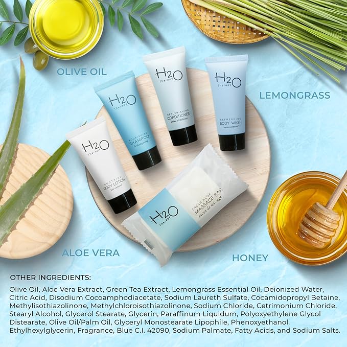 H2O Therapy Hotel Soaps & Toiletries Bulk Set | 1-Shoppe Amenities Kit | 0.85oz Shampoo & Conditioner, Body Wash, Lotion, 1oz Bar Soap | Travel Size | 75 Pieces