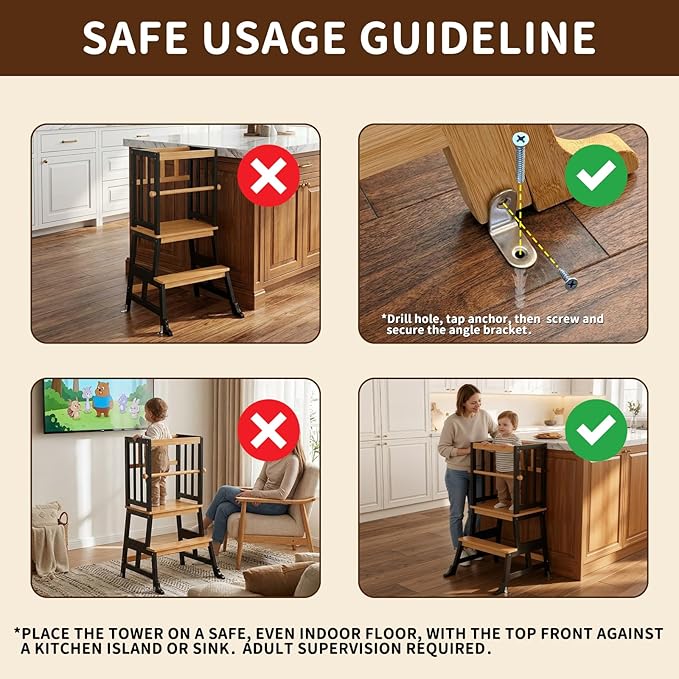 COSYLAND Kids Kitchen Step Stool，Toddler Standing Tower with CPC Certification, Removable Anti-Drop Railing Safety Rail Unique Patented Design Anti-tip Structure More Stable, 1.5-3 yrs Natural Bamboo