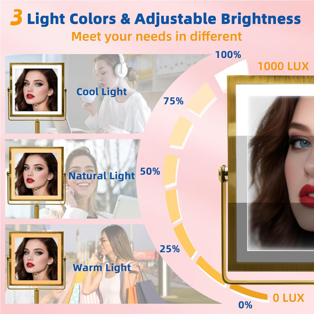 RUACQ Rechargeable Makeup Mirror, 4000mAh Lighted Makeup Mirror with Magnification 1X/10X, Height Adjustable vanity mirror with lights, 3 Color light, Adjustable Brightness,360°Rotation(Antique Brass)